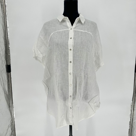 Tahari White 100% Linen Bat Wing Tunic Button Up Long Boxy Top Women's Large - Picture 2 of 8